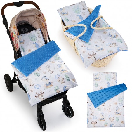 Babyboom komplet do wózka Premium minky z bawełną, zestaw kocyk + poduszka Jeżyki i przyjaciele/niebieski - 2
