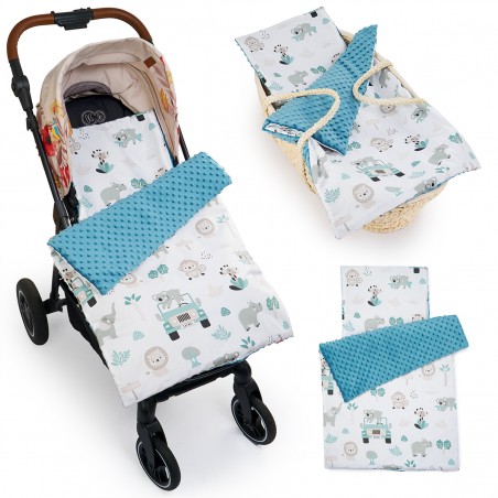 Babyboom komplet do wózka Premium minky z bawełną, zestaw kocyk + poduszka Safari/szmaragd - 1