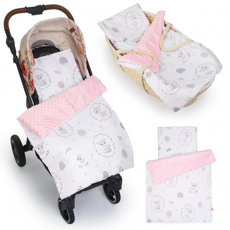 Babyboom komplet do wózka Premium minky z bawełną, zestaw kocyk + poduszka Sarenka kropki/różowy - 2