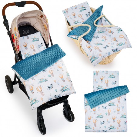 Babyboom komplet do wózka Premium minky z bawełną, zestaw kocyk + poduszka Ballons/szmaragd - 4