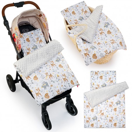 Babyboom komplet do wózka Premium minky z bawełną, zestaw kocyk + poduszka Jelonek/szary - 4