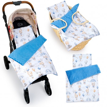 Babyboom komplet do wózka Premium minky z bawełną, zestaw kocyk + poduszka Miś na spadochronie/niebieski - 1
