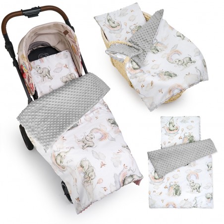Babyboom komplet do wózka Premium minky z bawełną, zestaw kocyk + poduszka Magical Elephant / szary - 4