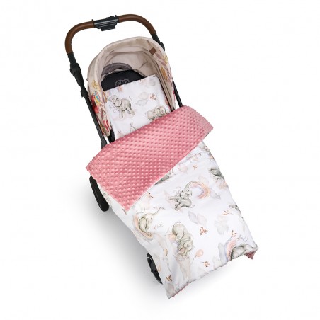 Babyboom komplet do wózka Premium minky z bawełną, zestaw kocyk + poduszka Magical Elephant / różowy - 1