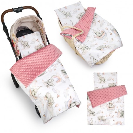 Babyboom komplet do wózka Premium minky z bawełną, zestaw kocyk + poduszka Magical Elephant / różowy - 4