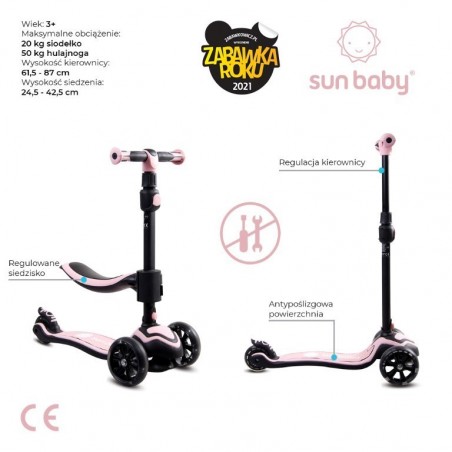 Sun Baby Rowerek biegowy i hulajnoga Flash z kołami LED - pudrowy róż - 10