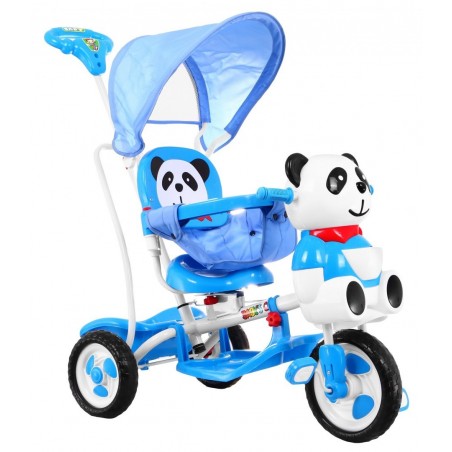 3-kołowy Rowerek dla dzieci Panda Niebieski + Dźwięki + Daszek + Barierka + Podnóżek + Rączka + Płozy + Schowek - 3