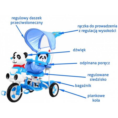 3-kołowy Rowerek dla dzieci Panda Niebieski + Dźwięki + Daszek + Barierka + Podnóżek + Rączka + Płozy + Schowek - 6