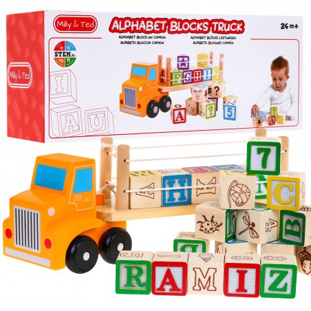Drewniana Ciężarówka z Naczepą i Klockami dla dzieci 2+ Zabawka edukacyjna + Klocki z literami cyframi - 10