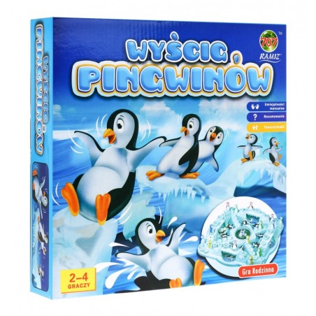 Gra planszowa "Wyścig pingwinów" chińczyk dla dzieci 4+ i dorosłych + Kolorowe pingwiny + Kostka w kuli - 6