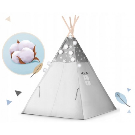 Namiot tipi dla dzieci z girlandą i światełkami Nukido - szare w gwiazdki - 1