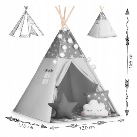 Namiot tipi dla dzieci z girlandą i światełkami Nukido - szare w gwiazdki - 6